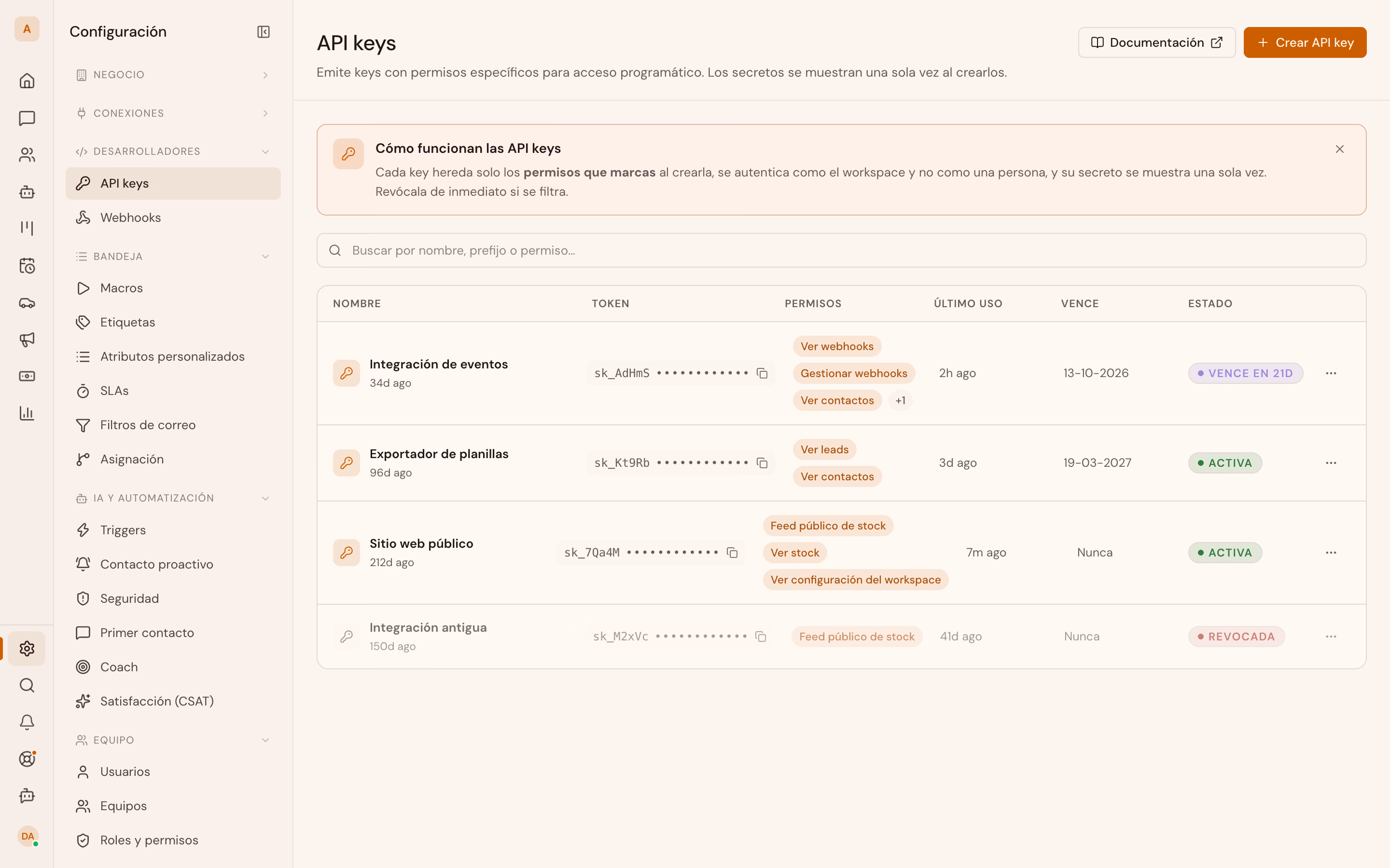 The workspace's API key list, showing each key's prefix, its permissions, its last-used date and its status