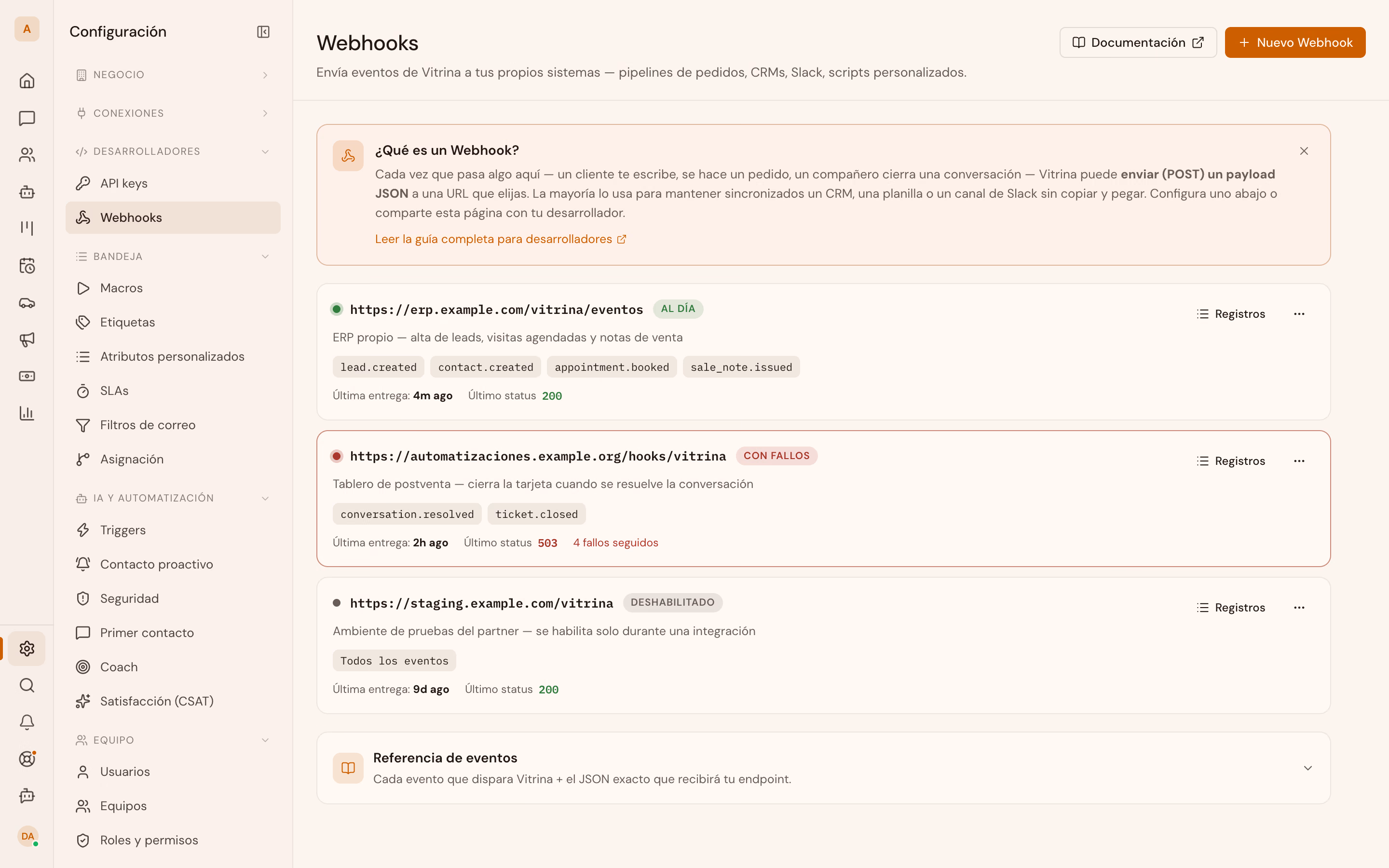 Vitrina's Webhooks screen: the workspace's subscriptions, the events each one listens to, and the state of their most recent deliveries