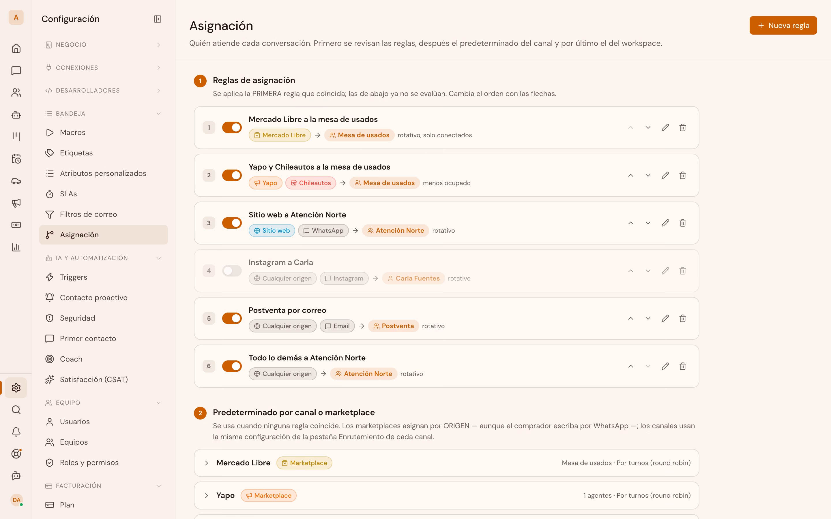 La pantalla Asignación de Vitrina: seis reglas numeradas por prioridad, una desactivada, y los niveles siguientes de la cascada