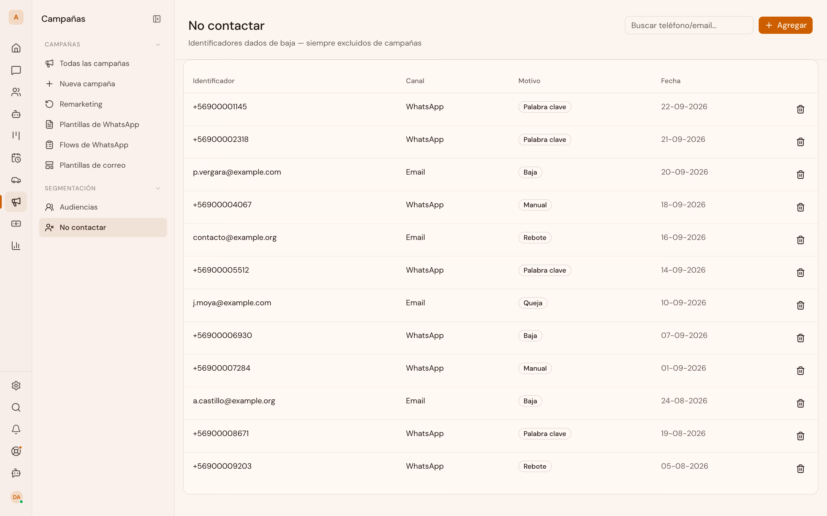 La lista No contactar de Vitrina: cada supresión con su motivo, su canal y su fecha